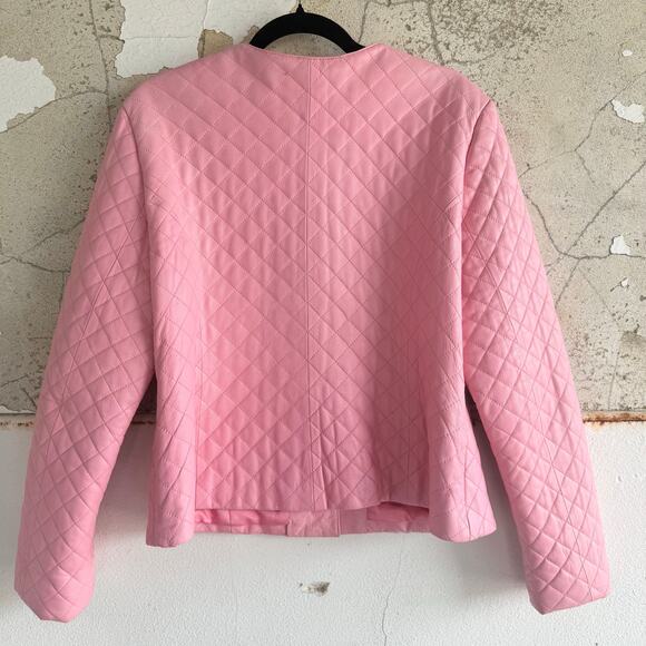 Vtg Leather Jacket Pink Quilted Collarless Womens XL 90s Barbiecore Coquette - Picture 9 of 10